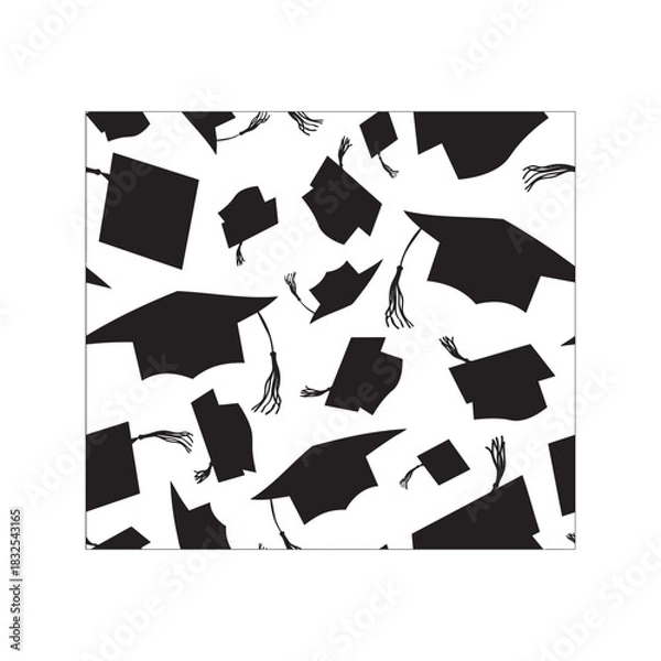 Obraz Seamless Pattern of Flying Graduation Caps - Black and White Educational Achievement Background
