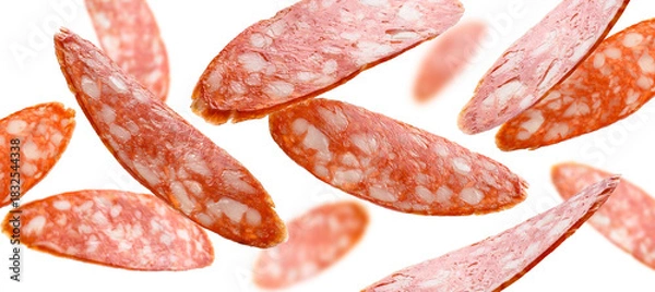 Obraz Sausage slices levitate on a white background