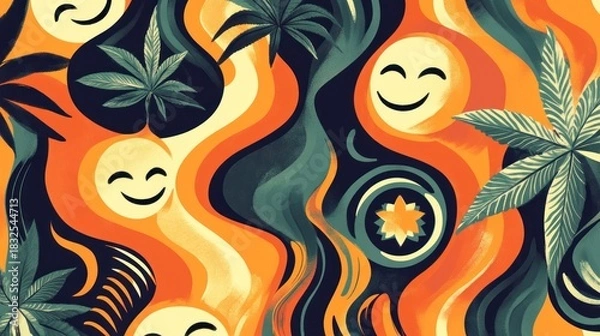 Obraz Happy faces and cannabis leaves in an abstract, wavy pattern.