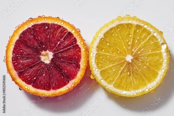 Fototapeta Blood orange and lemon halves with juice droplets on white surface for citrus beverage branding vitamin packaging wellness editorial and clean food styling concept

