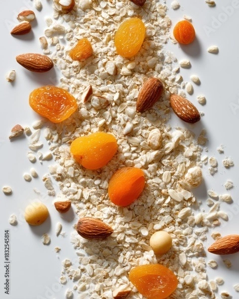 Fototapeta Natural grains with rolled oats quinoa almonds and dried apricot on white surface for healthy breakfast packaging wellness branding clean food editorial and nutrition promotion


