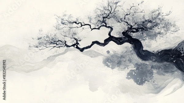 Obraz Abstract grayscale image of a gnarled tree over flowing hills.