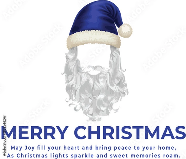 Obraz Christmas greeting logo vector with stylized blue Santa hat and white beard, no face, and festive message