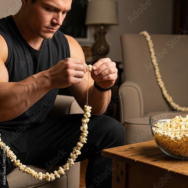 Fototapeta A focused, muscular man in a black tank top carefully strings popcorn into a long garland in a cozy living room.
