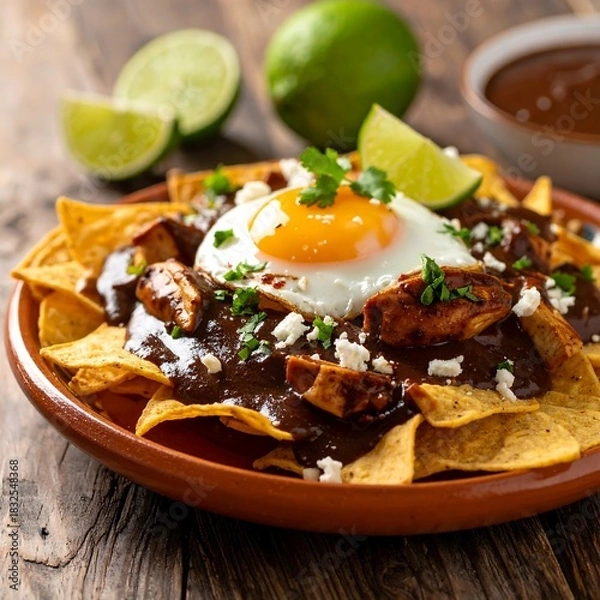 Fototapeta Plate of nachos topped with egg, sauce, and crumbled cheese