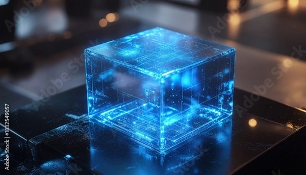Fototapeta Futuristic data cube glows with digital information for modern tech uses