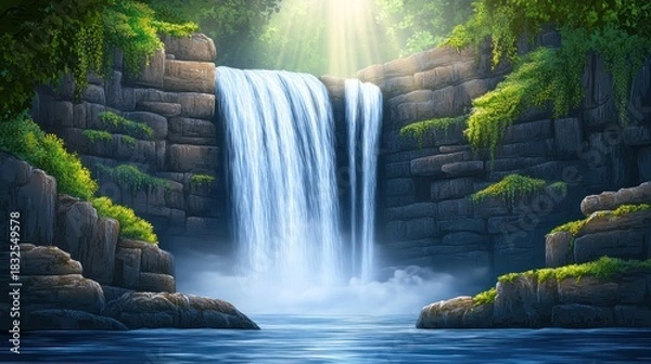 Obraz Sunlit waterfall cascading over mossy rocks into a tranquil pool.