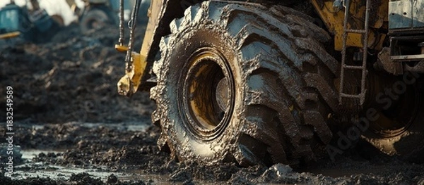 Obraz Mud-caked tire of heavy machinery in a construction site.