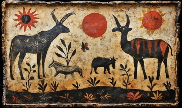 Obraz African tribal painting of wildlife with cave art styles, showing animals in nature. Creative caveman brush strokes used for indigenous cultural representation, Generative AI