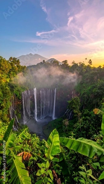 Fototapeta Scenic waterfall scene with lush greenery and mountain backdrop