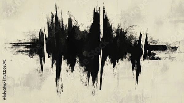 Obraz Abstract black ink brush stroke on beige background.