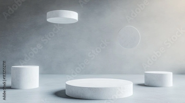 Obraz Floating white geometric shapes on gray background.