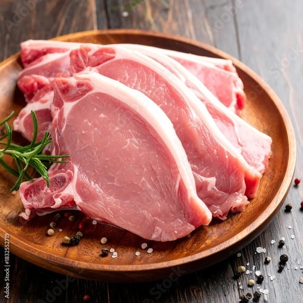 Fototapeta Sliced raw pork chops presented on a wooden plate