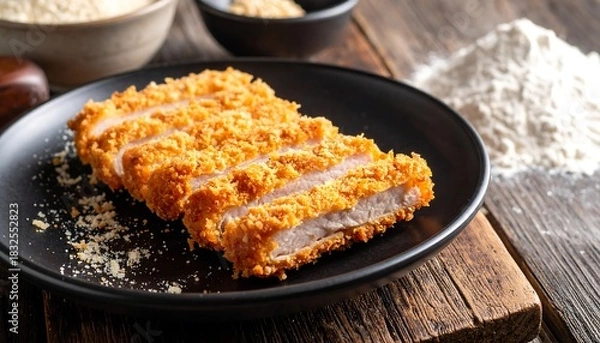 Fototapeta Sliced, golden-fried cutlet on a black plate with scattered crumbs and flour