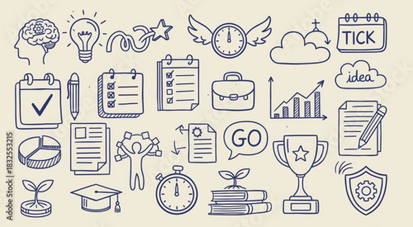 Obraz Collection of hand-drawn doodle icons illustrating key business concepts, creative thinking, effective planning, time management, educational growth, and the journey to professional success and