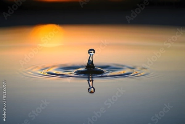 Obraz Water Droplet Impact, Ripple Effect, Sunset Reflection