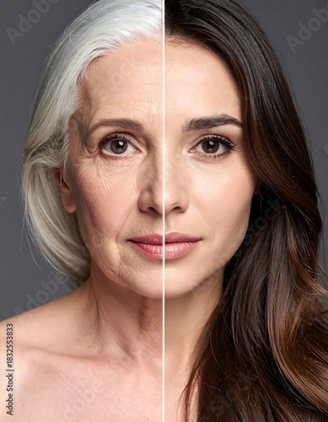 Fototapeta Split face portrait, aged vs youthful features, a comparison