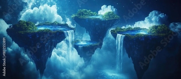Obraz Floating islands with waterfalls, lush vegetation, and serene lakes under a night sky.