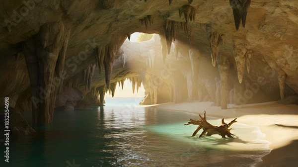 Obraz Breathtaking tropical sea cave with a pristine sandy beach, turquoise waters, and ethereal sunlight streaming through the entrance.