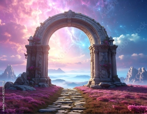 Fototapeta Stone archway frames a magical path to a colorful sunset vista