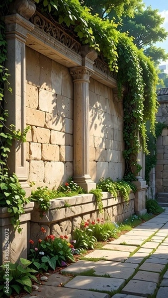 Fototapeta Sunny courtyard scene with aged stone walls and lush greenery