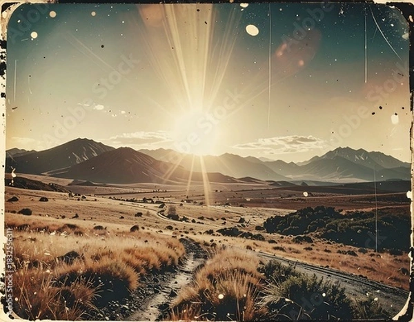 Fototapeta Sunny mountain vista with a dirt path in the foreground