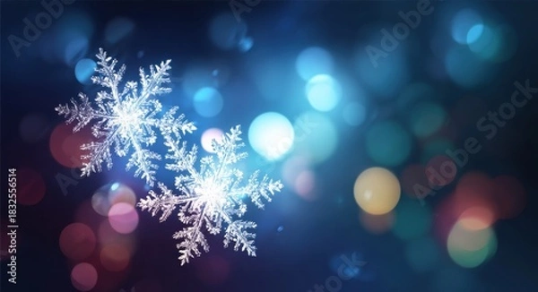 Fototapeta Beautiful white snowflakes with crystal patterns on dark blue background with colorful bokeh lights, for magical winter vibe.