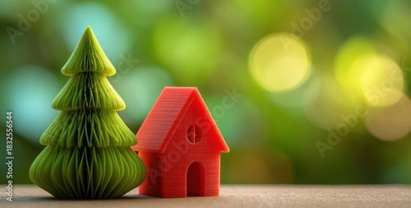Obraz Christmas tree and red house models on green bokeh background representing holiday celebration and winter festive decoration.
