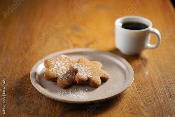 Obraz Gingerbread Cookies with Coffee on Wooden Table