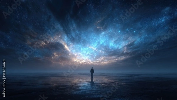 Obraz Majestic galaxy nebula with bright blue stars above silhouette man reflection on water representing universe wonder.