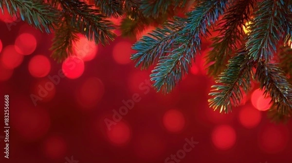 Fototapeta Christmas pine branches with blue-green needles on vibrant red background with bokeh lights, for festive holiday vibe.
