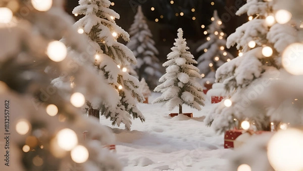 Fototapeta Snowy Christmas Forest Background with Fairy Lights and Blurred Bokeh