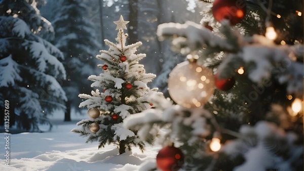 Fototapeta Snowy Christmas Forest Background with Fairy Lights and Blurred Bokeh