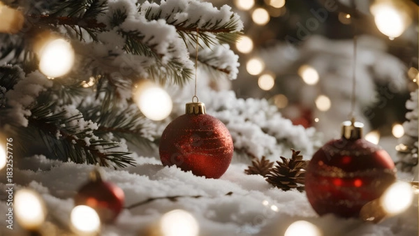 Fototapeta Set of Three Winter Christmas Backgrounds with Ornaments, Snow, and Lights