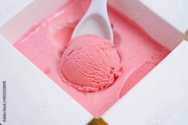 Obraz Pink Strawberry Ice Cream Scoop in Cardboard Container with Spoon