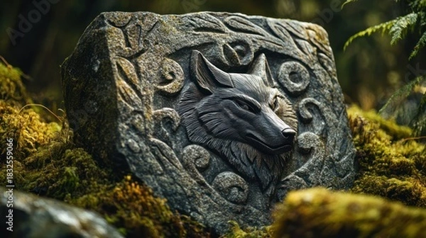 Obraz Stone carving of wolf's head in forest.