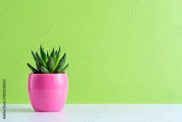 Obraz Vibrant Pink Pot with Aloe Vera Plant on White Table