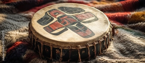 Obraz Hand drum with native design on fur.