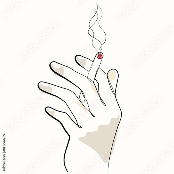 Fototapeta hand holding cigarette one line drawing. hand holding cigarette single line illustration. hand holding cigarette minimalist line art