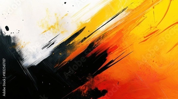 Obraz Abstract art with black, white, orange, and yellow brush strokes.