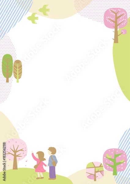 Obraz 春の桜の風景の中を散歩する男性と女性のフレーム