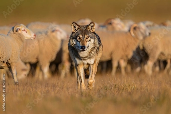 Obraz Intense Wolf Stares Down Flock of Sheep in Golden Field