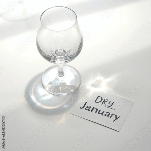Fototapeta Dry January Concept Empty Wine Glass in Minimalist Setting for Sobriety, Health Goals, and New Year Resolution Success