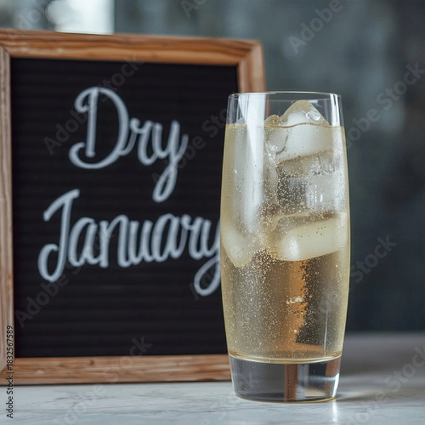 Fototapeta Sparkling Sobriety Refreshing Mocktail & Dry January Concept,  of Fresh Drink, Ice Cubes, Healthy Lifestyle, Non-Alcoholic Beverage
