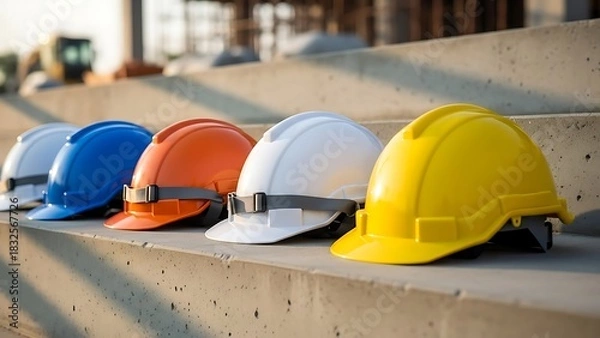 Fototapeta Vibrant array of safety hard hats on a construction site, symbolizing essential worker protection and collaborative project development