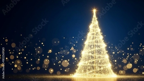 Fototapeta Radiant Golden Christmas Tree Illuminating a Dark Blue Background with Festive Bokeh Lights and Sparkling Effects