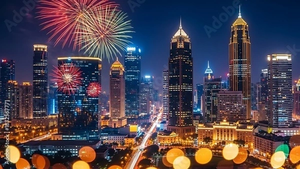 Fototapeta Dazzling Fireworks Illuminate a Dynamic Metropolis at Night, Showcasing a Vibrant Urban Landscape with Sparkling City Lights