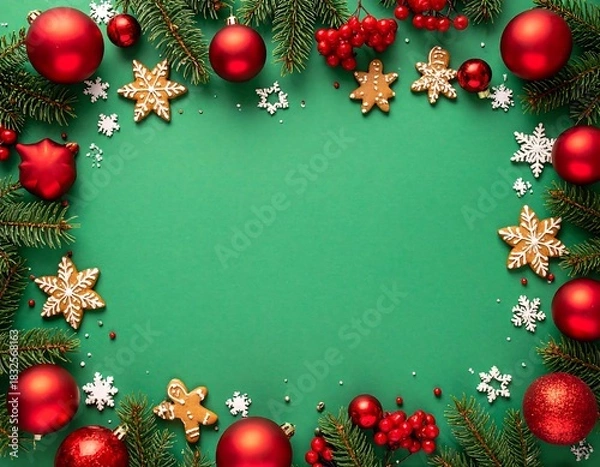 Fototapeta Festive Christmas frame on a vibrant green background with pine, red ornaments, berries, and gingerbread cookies