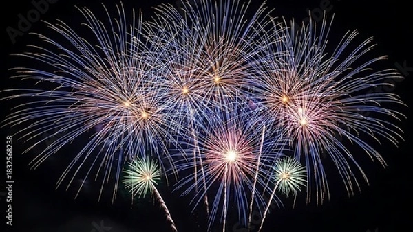 Fototapeta Brilliant multicolored fireworks light up the evening sky, creating a festive and celebratory atmosphere with dazzling bursts