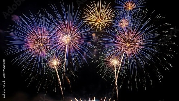 Fototapeta Spectacular multicolored fireworks exploding high above, creating a dazzling display of light against the midnight backdrop